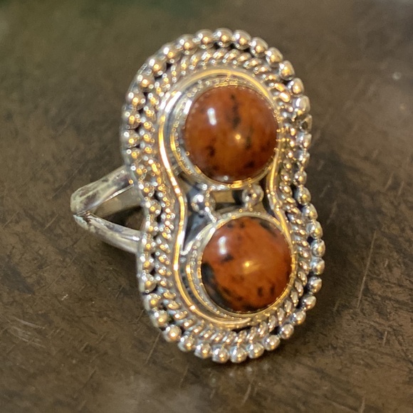 Mahogany Jasper Double Double Stone Sterling Silver Ring  size 7 - Picture 2 of 3